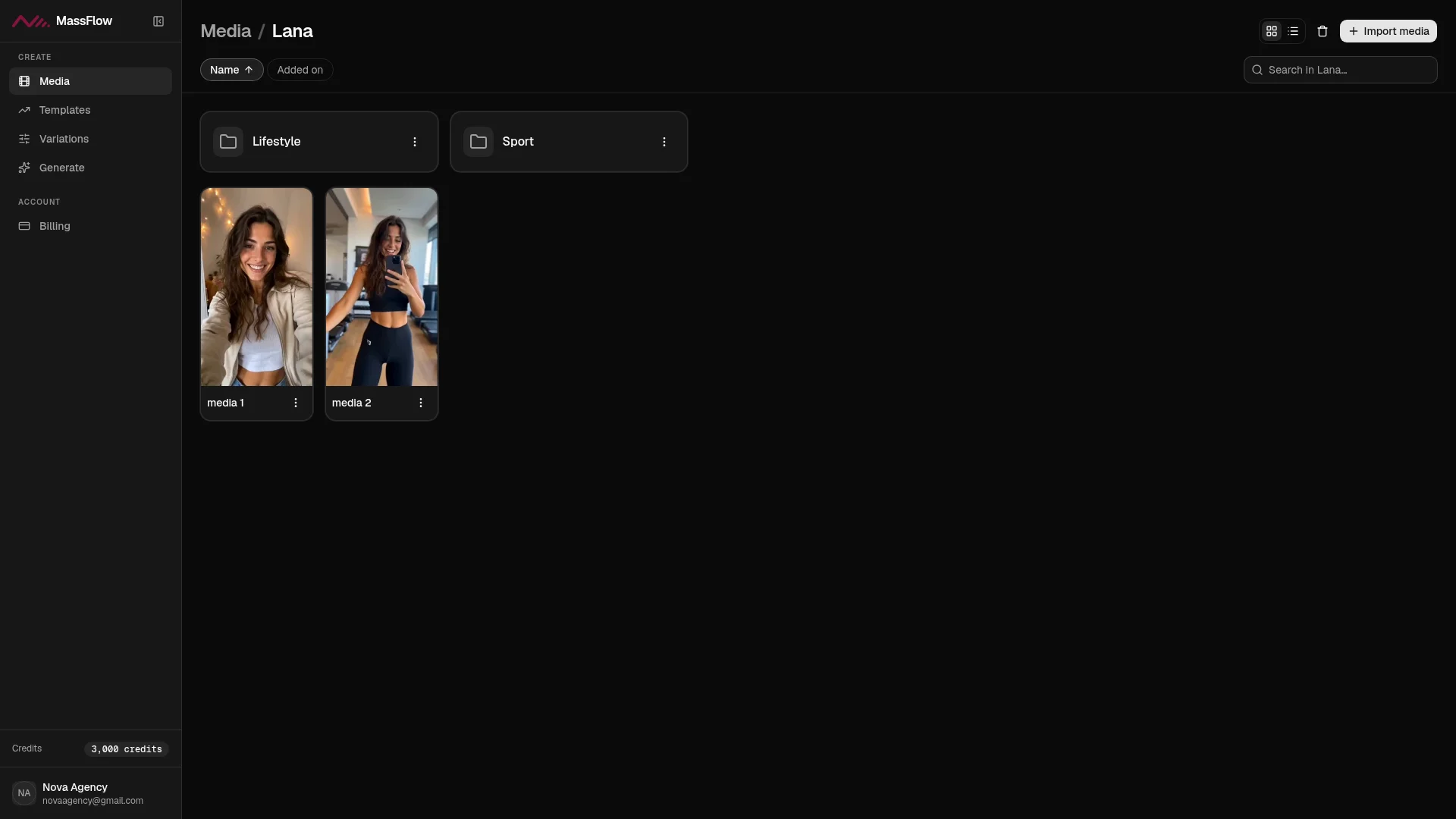 MassFlow Media library — a profile's portrait clips in a grid