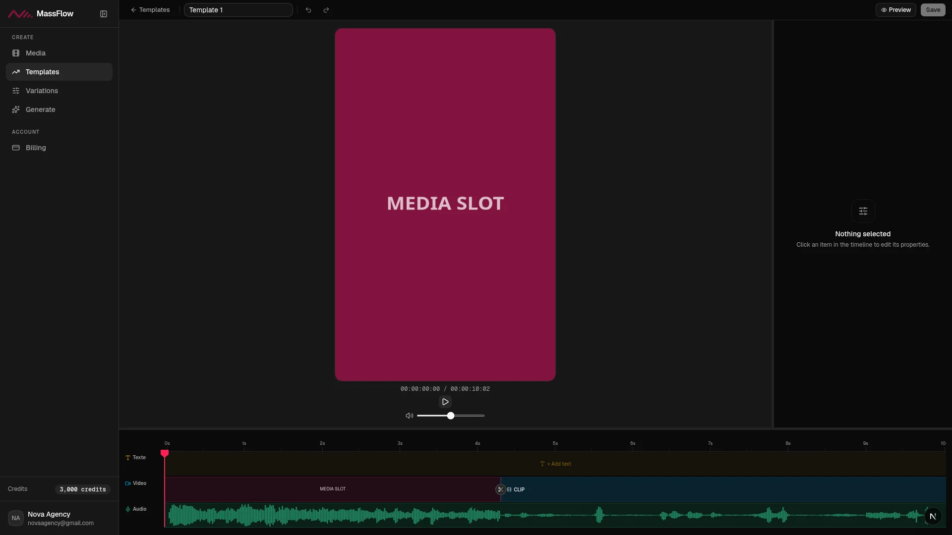 MassFlow Template editor — the timeline of a trend broken into shots, with slots for your clips