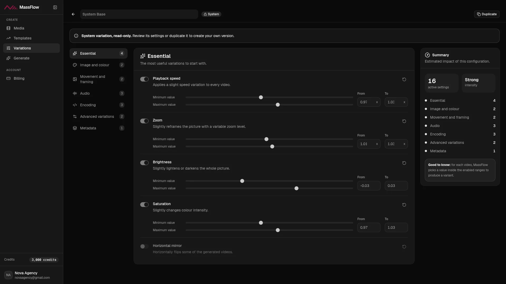 MassFlow Variations — the read-only System Base profile and its parameter ranges