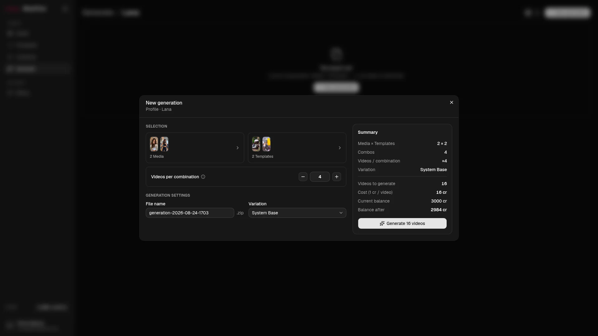 MassFlow New generation — Media × Templates, a Variation profile and the live cost summary